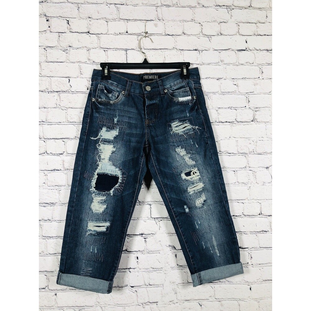 Rue21 Premiere Women's Distressed Boyfriend Jeans Dark Wash Blue Size 1/2‎